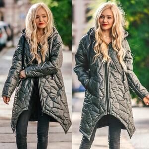 Elisabetta Franchi Quilted Jacket Women SZ 3 XS‎ Grey Hooded Modern Luxury Art